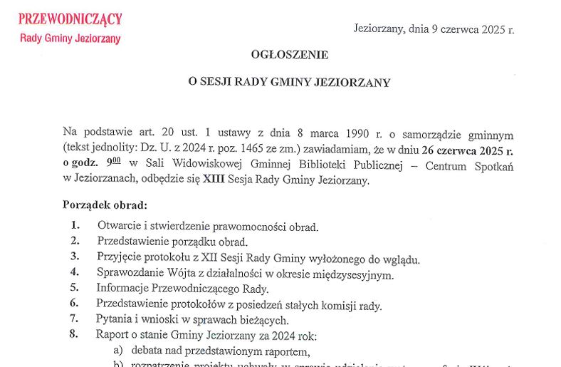 Miniaturka artykułu Zaproszenie na XIII Sesję Rady Gminy Jeziorzany
