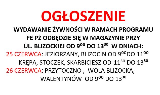 Miniaturka artykułu OGŁOSZENIE: WYDAWANIE ŻYWNOŚCI