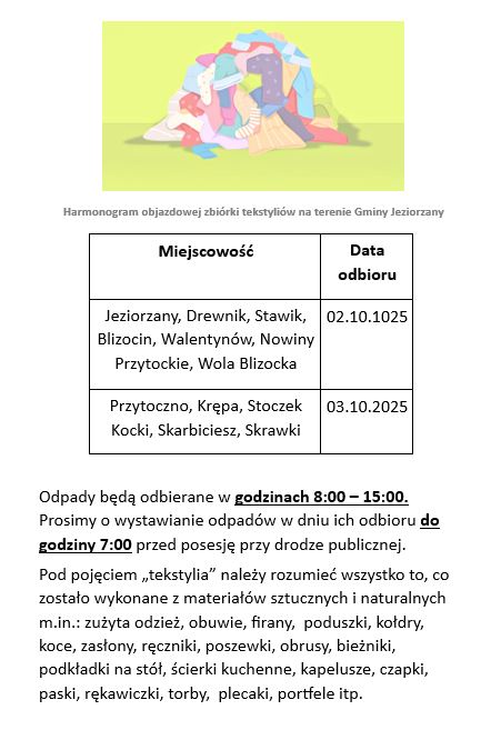 Miniaturka artykułu Harmonogram objazdowej zbiórki tekstyliów na terenie Gminy Jeziorzany