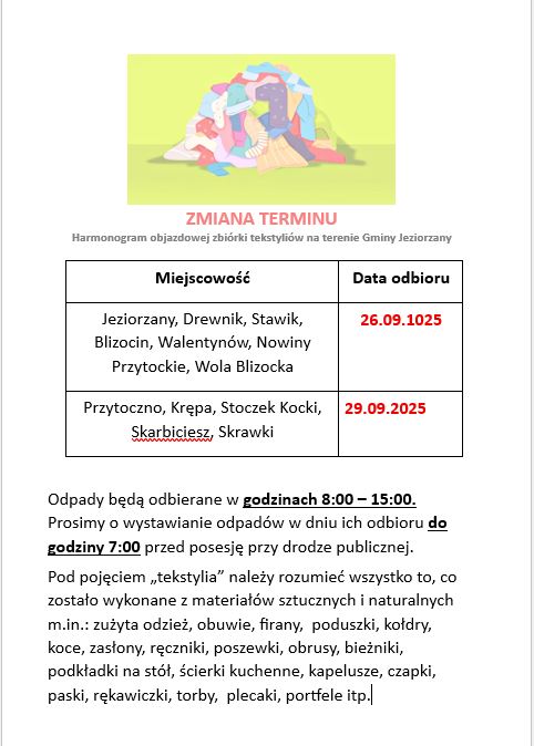 Miniaturka artykułu Zmiana terminu objazdowej zbiórki tekstyliów na terenie Gminy Jeziorzany!
