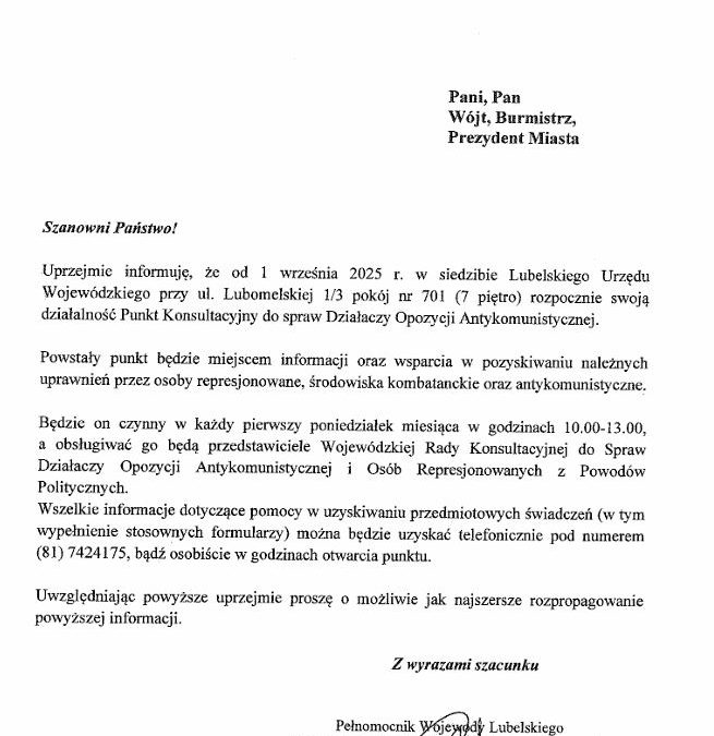 Miniaturka artykułu Punkt Konsultacyjny ds. Działaczy Opozycji Antykomunistycznej- Lubelski Urząd Wojewódzki.