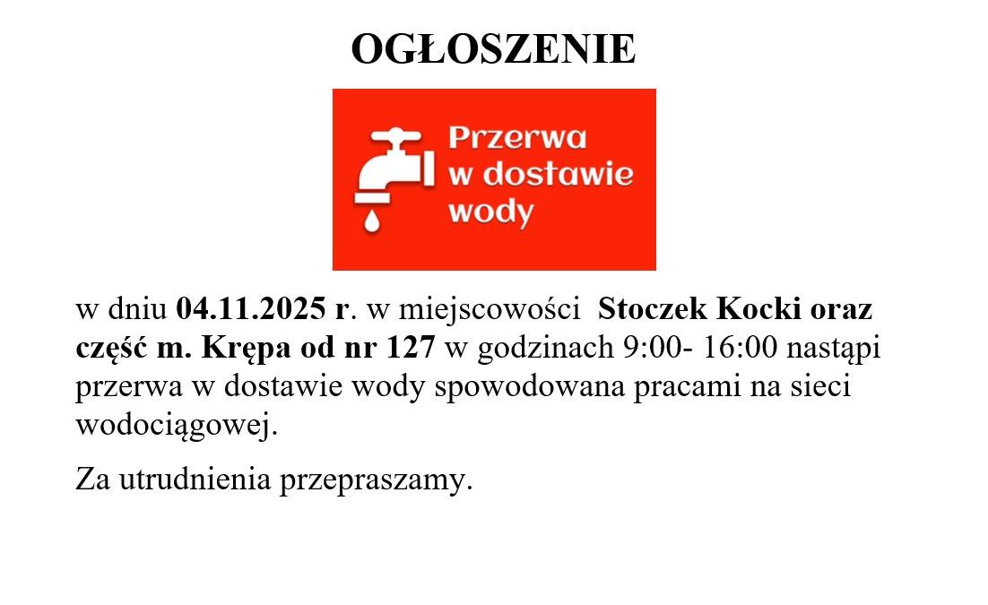 Miniaturka artykułu Przerwa w dostawie wody w miejscowości Stoczek Kocki oraz części m. Krępa