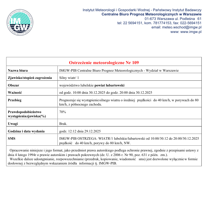 Miniaturka artykułu Ostrzeżenie meteorologiczne!