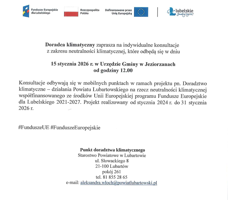 Miniaturka artykułu 15 stycznia 2026 r. od godziny 12:00 w Urzędzie Gminy Jeziorzany odbędą się  konsultacje z doradcą klimatycznym