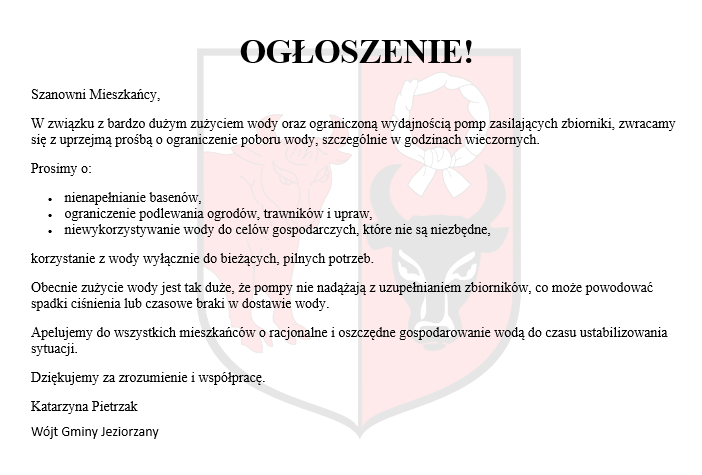 Miniaturka artykułu Ogłoszenie w sprawie ograniczenia poboru wody.